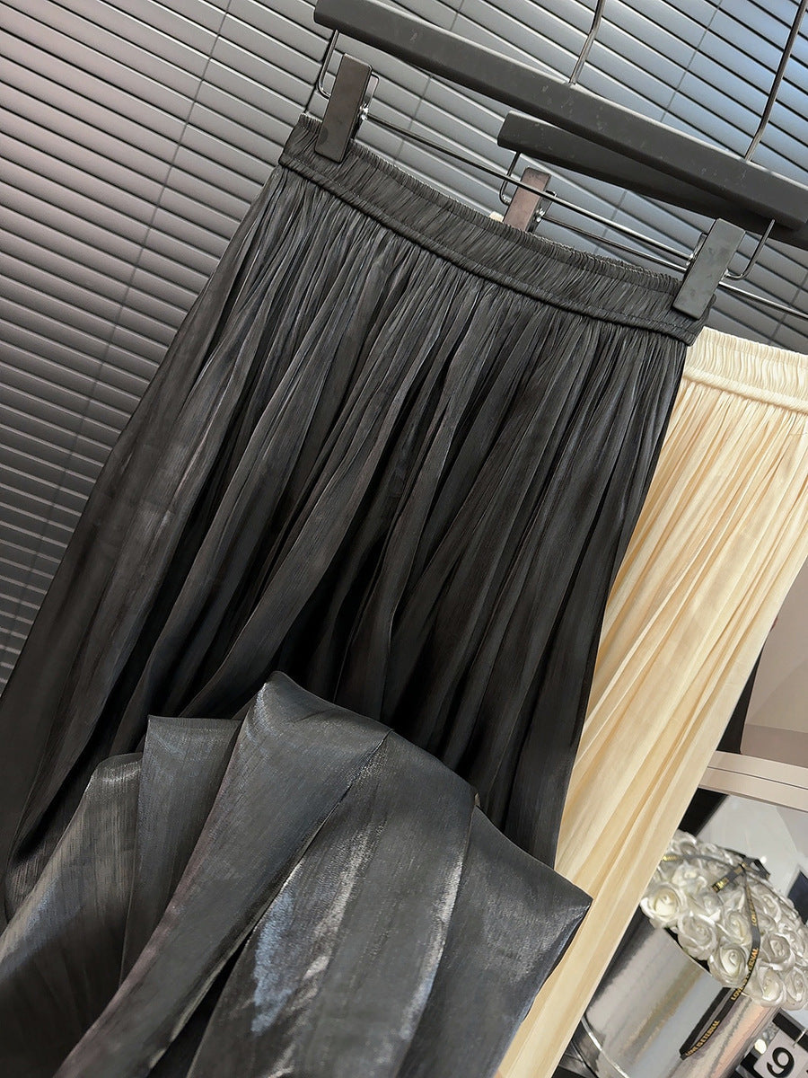 High Grade Glossy Pearlescent Chiffon Pleated Skirt Retro Fashionable Pleated Drooping Slimming High Waist A line Skirt