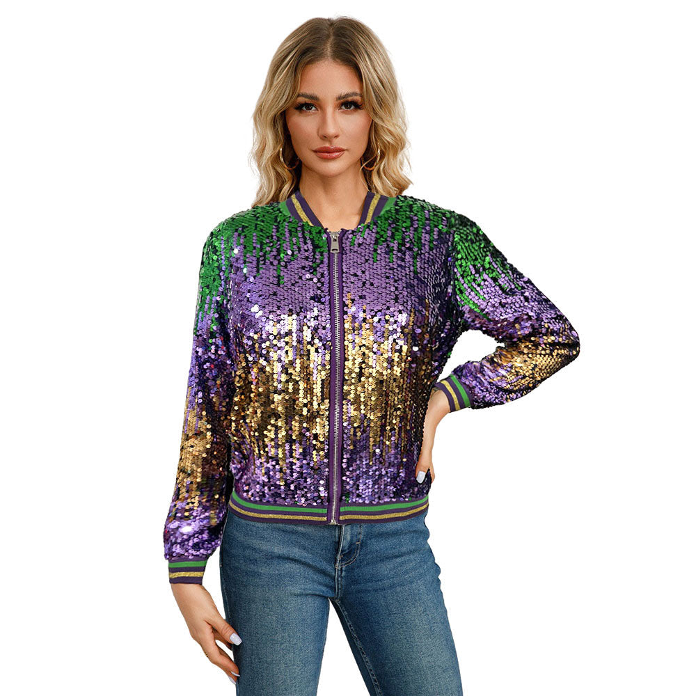 Long Sleeved Cardigan Stand Collar Sequined Spring Autumn Women Baseball Uniforms Coat