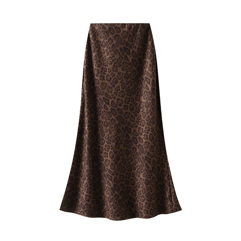 Leopard Print Women Autumn Winter High Waist Slimming Fishtail Skirt Mid Length One Step Skirt