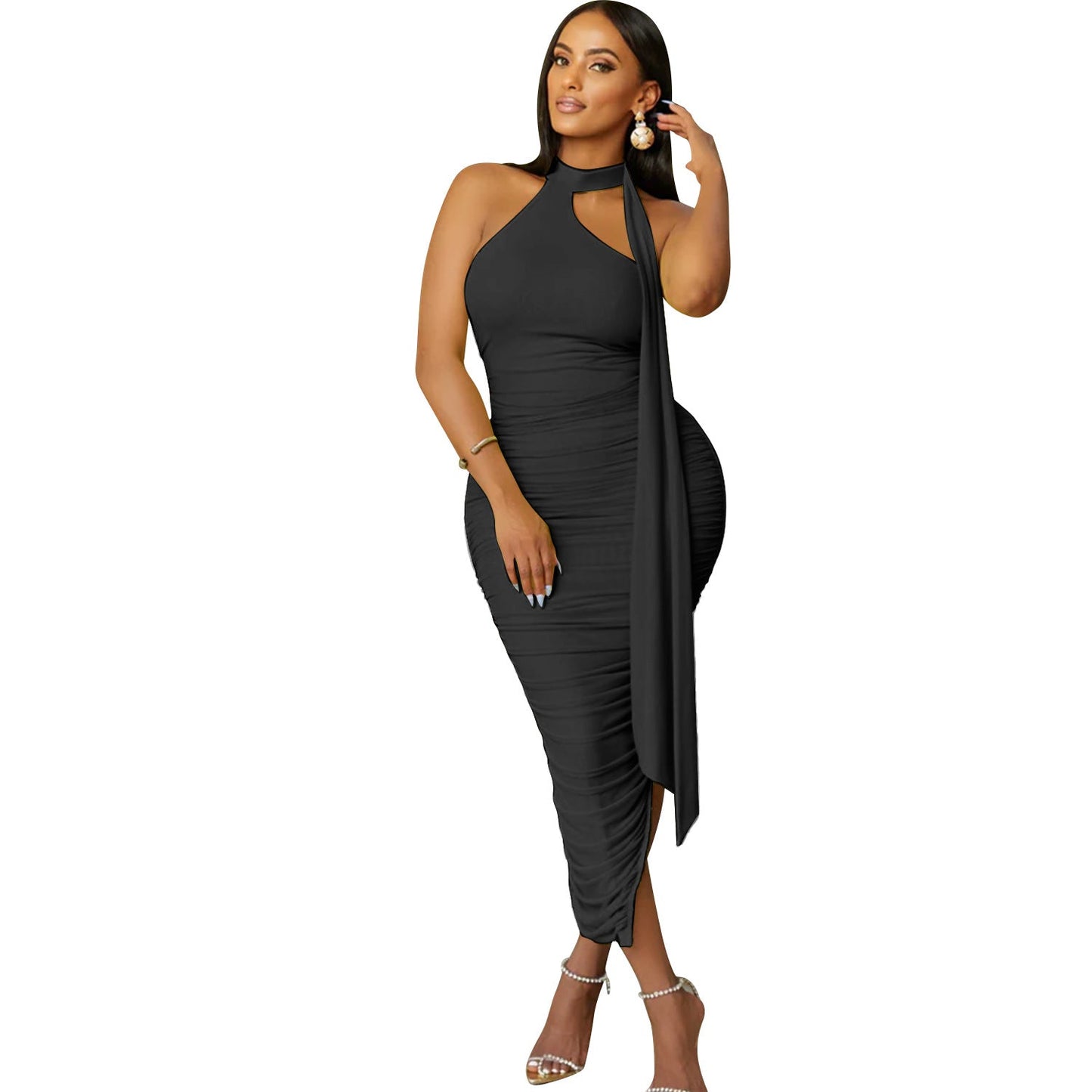 Autumn Winter Women Clothing Sexy Tight Pleated Sleeveless Irregular Asymmetric Dress
