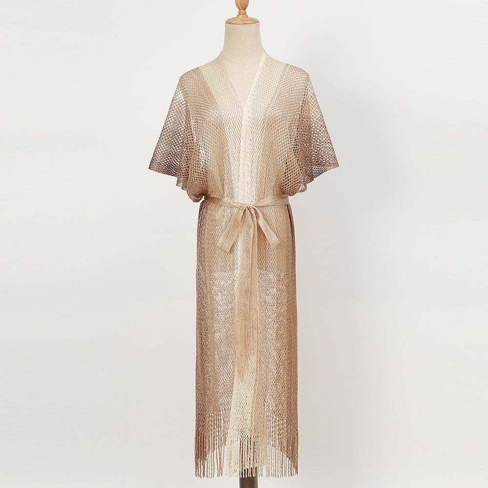 Summer Beach Sun Protection Shirt Gradient Color Lace Up Tassel Beach Cover Up Short Sleeve Knitted Long Cardigan