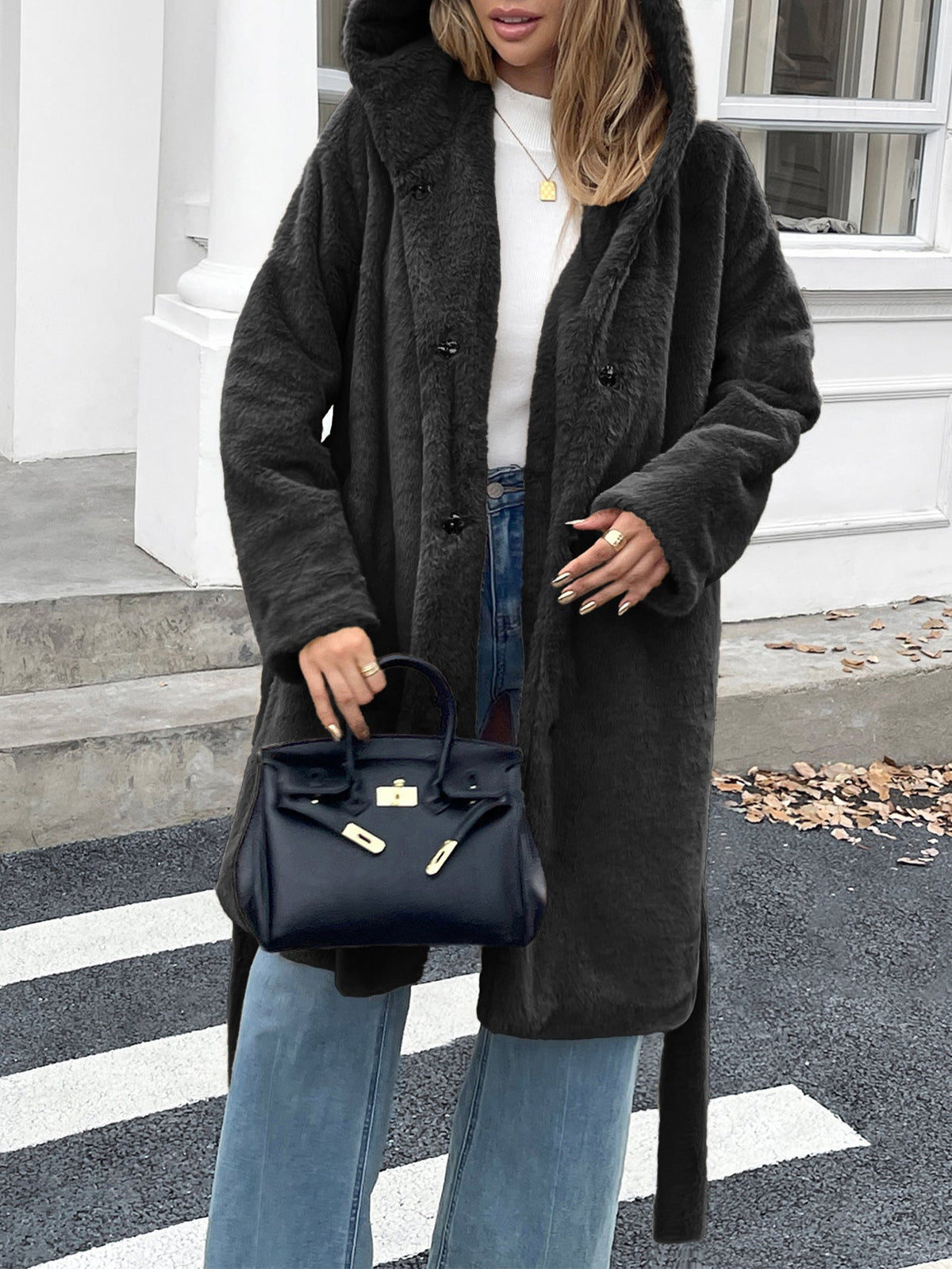 Women Clothing Autumn Winter Elegant Piece Coat Cap Long Sleeved Wind Coat