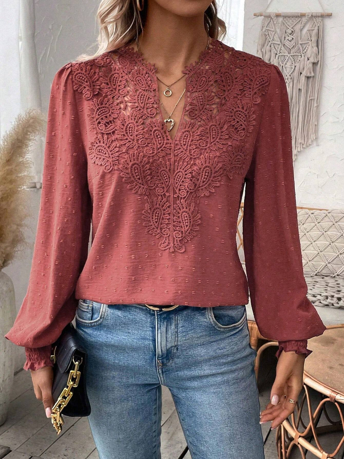 Autumn Winter V neck Lace Solid Color Long Sleeve Casual T Women Top