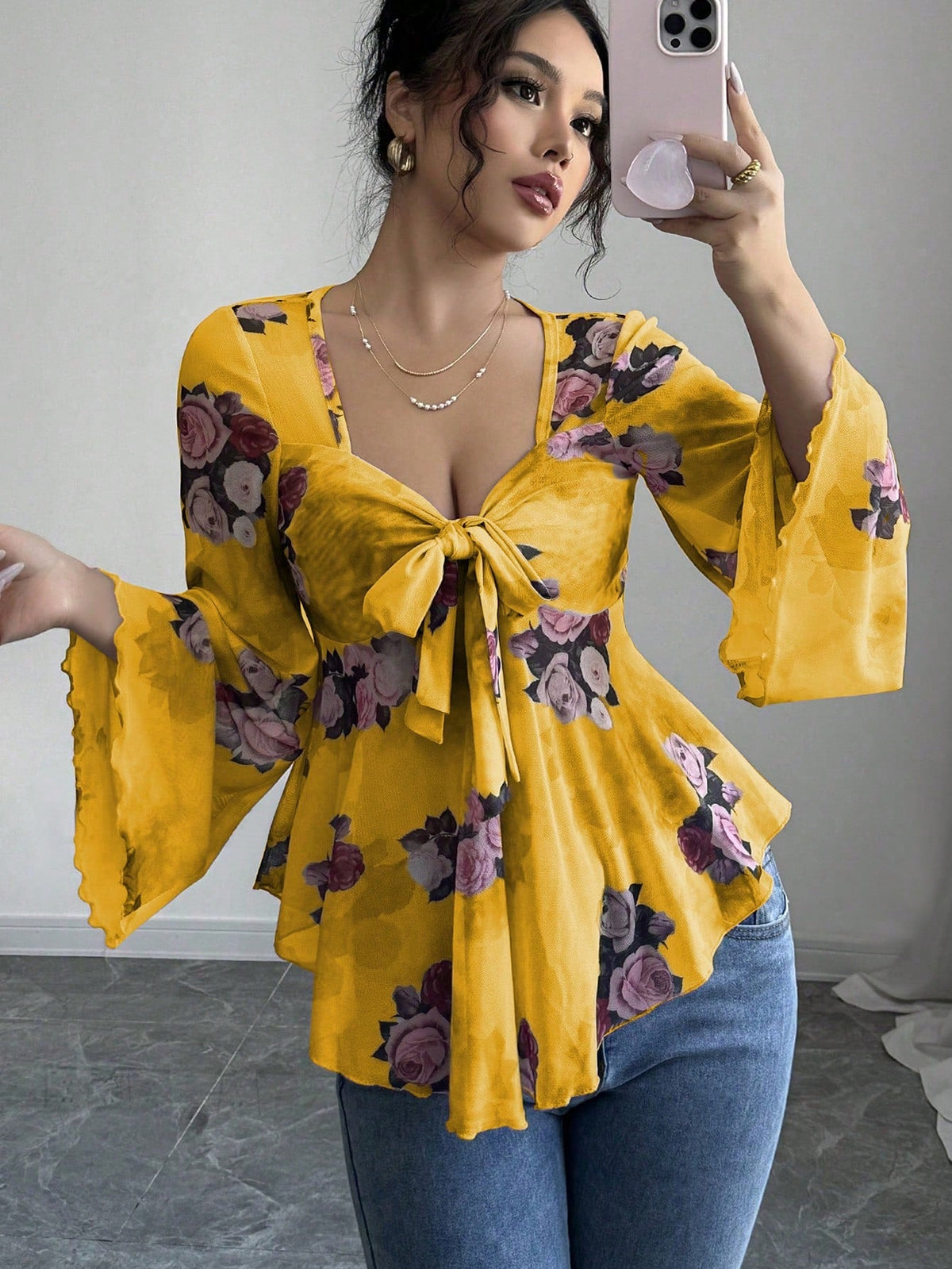French Sweet Floral Blooming Lace up Square Collar Long Sleeve Shirt