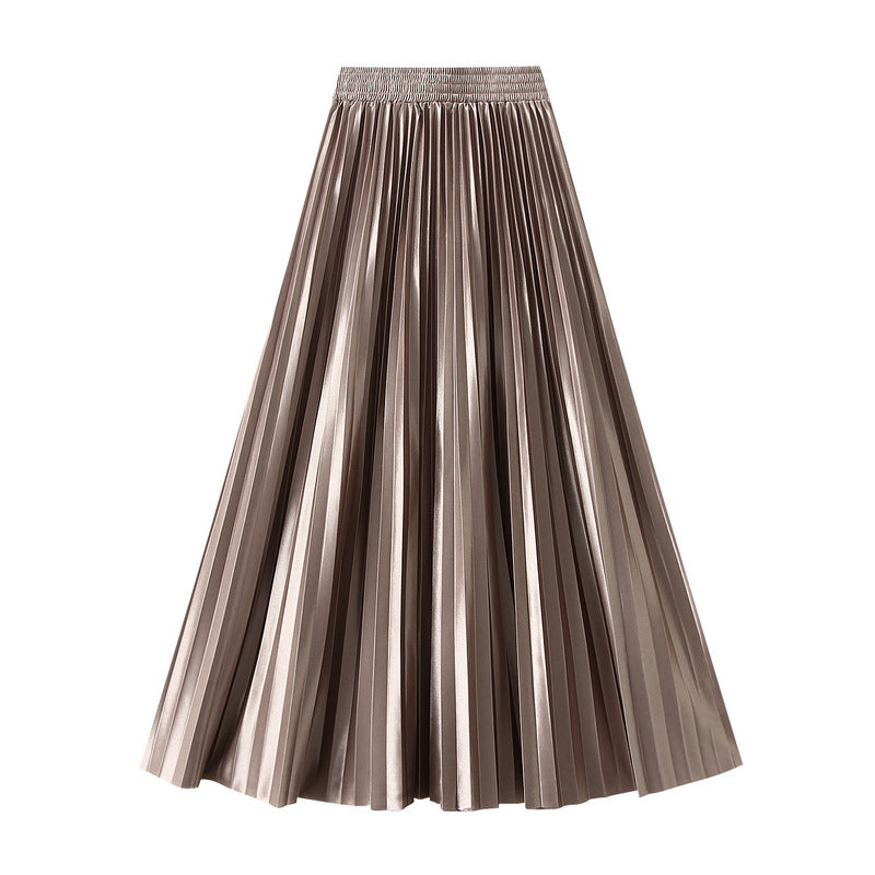 Slimming Spring Glossy Glossy High Waist Pleated A line Slimming Long Skirt Women Skirt