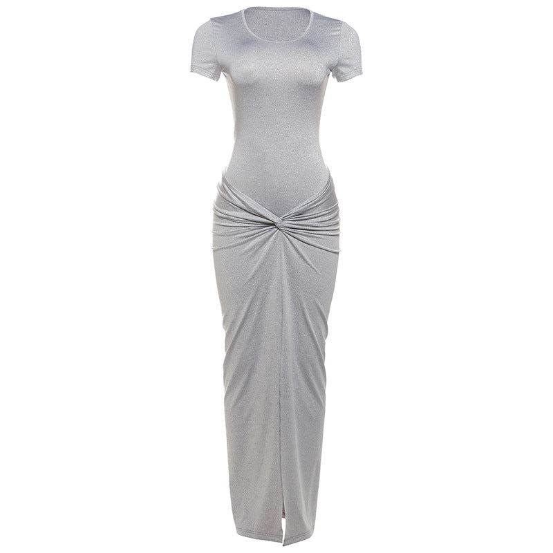 Spring Women Clothing Solid Color round Neck Short Sleeves Jumpsuit Slim Fit Sexy Slit Skirt Set