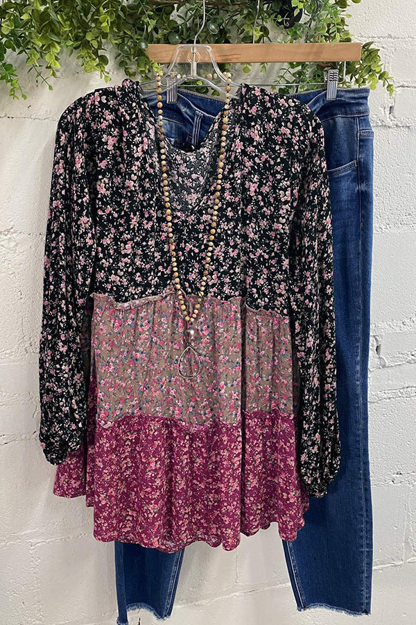 Autumn Women Tops Floral Three Color V Neck Patchwork Long Sleeve Gathers T Shirt