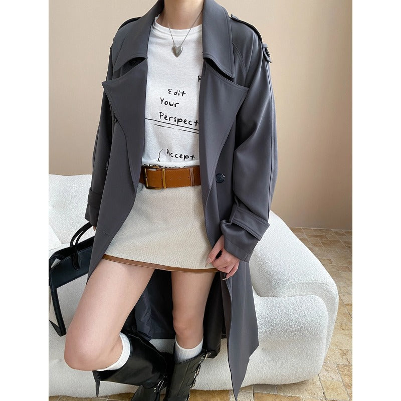 Autumn Atmosphere Fully Open Classic Collared Double Breasted Lace up Profile Trench Coat