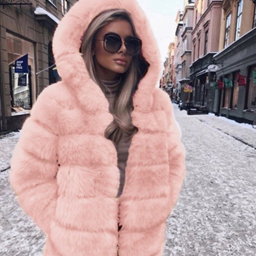 Autumn Winter Women Mid Length Hat Faux Fur Coat Top Women Plush Warm Coat