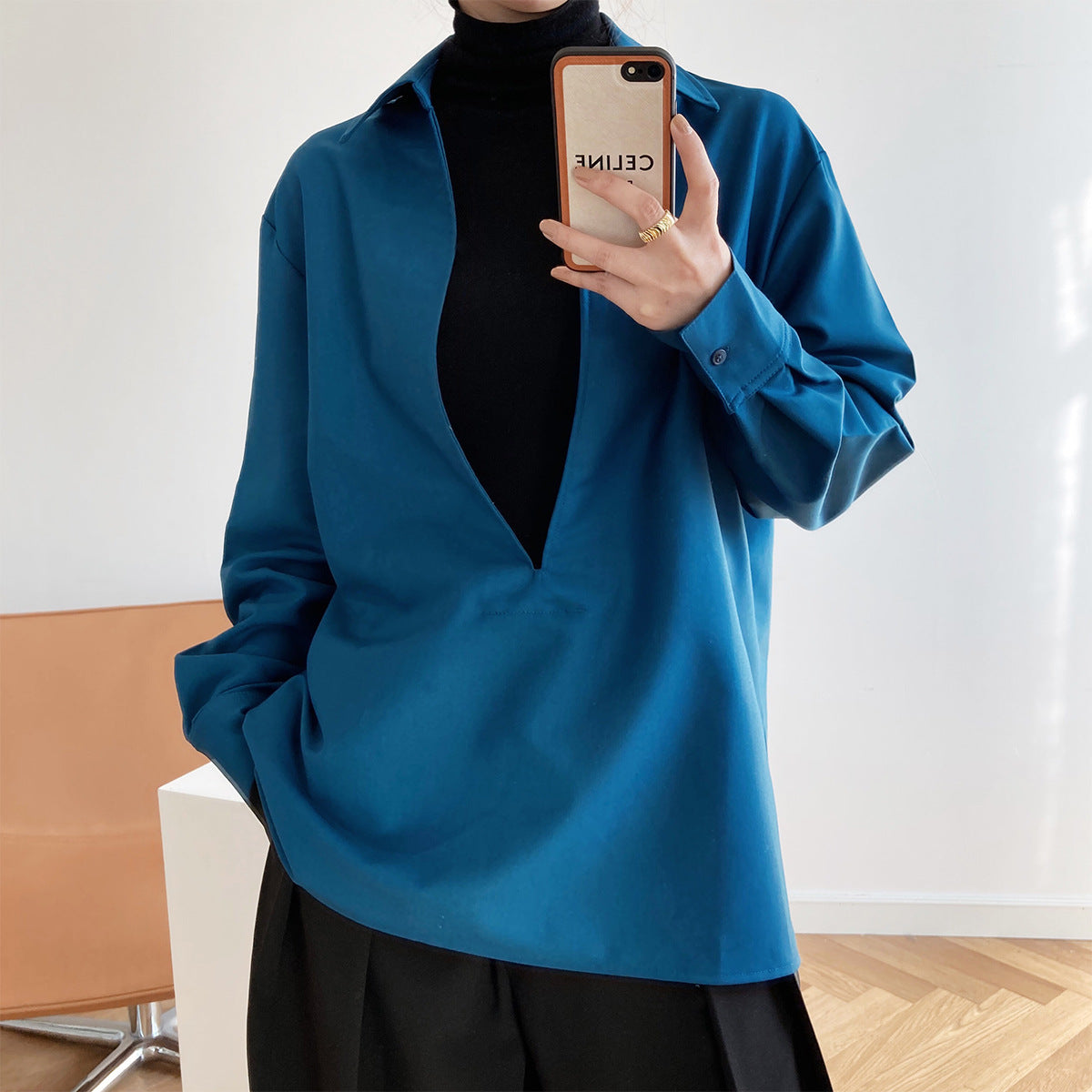 Autumn Young Long Sleeve V-neck Shirt Women Fashionable Outerwear Bandage Top