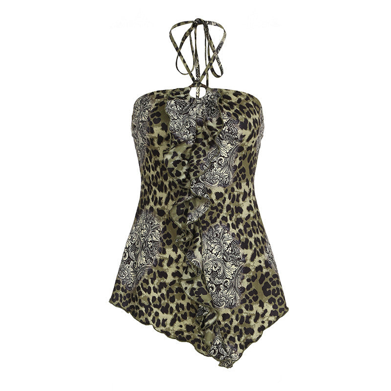 Leopard Print Halter Strap Vest Sexy Backless Ruffled Mid Length Camisole Top
