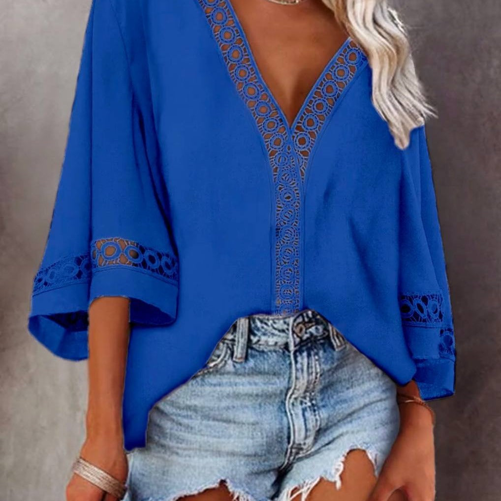 Summer V neck Hollow Out Cutout Lace Shirt