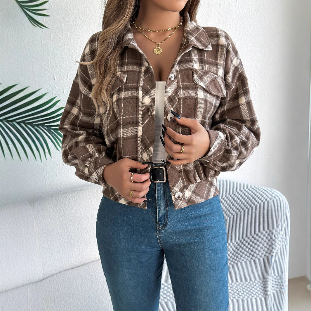 Real Shot Autumn Winter Casual Plaid Faux Pocket Long Sleeve Woolen Cloth Jacket Coat Women Clothing