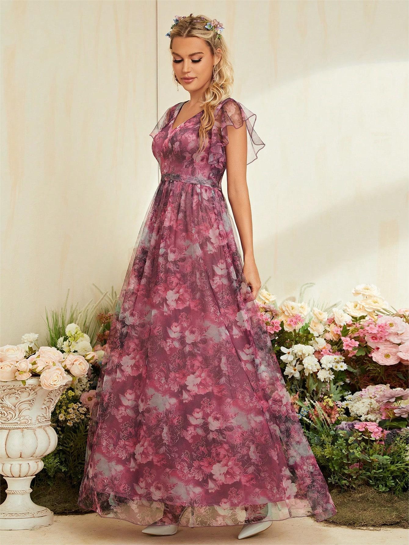 Evening Dress V neck Printed Mesh Ruffled Large Swing Party Dress Bridesmaid Dress Dance Dress Spring A Line