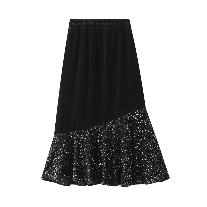 Fishtail Skirt Autumn Winter Velvet Stitching Sequined Skirt Slim Fit Show Thin Black Women