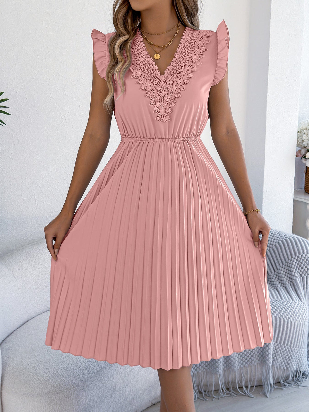 Women Clothing Spring Summer Casual Lace V neck Wooden Ear Cinched Pleated Dress