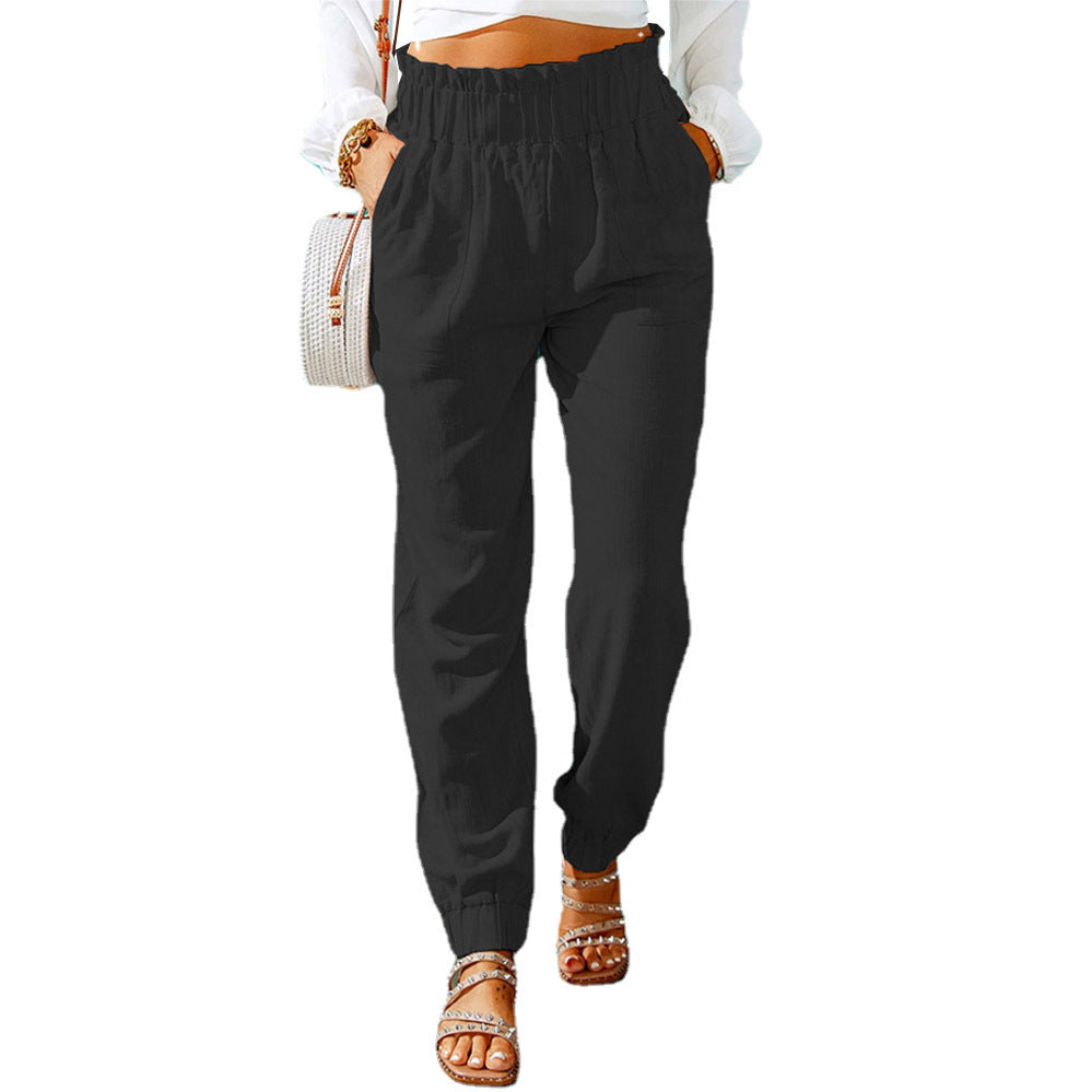 Women Clothing Spring Ruffled Elastic Waist High Waisted Trousers