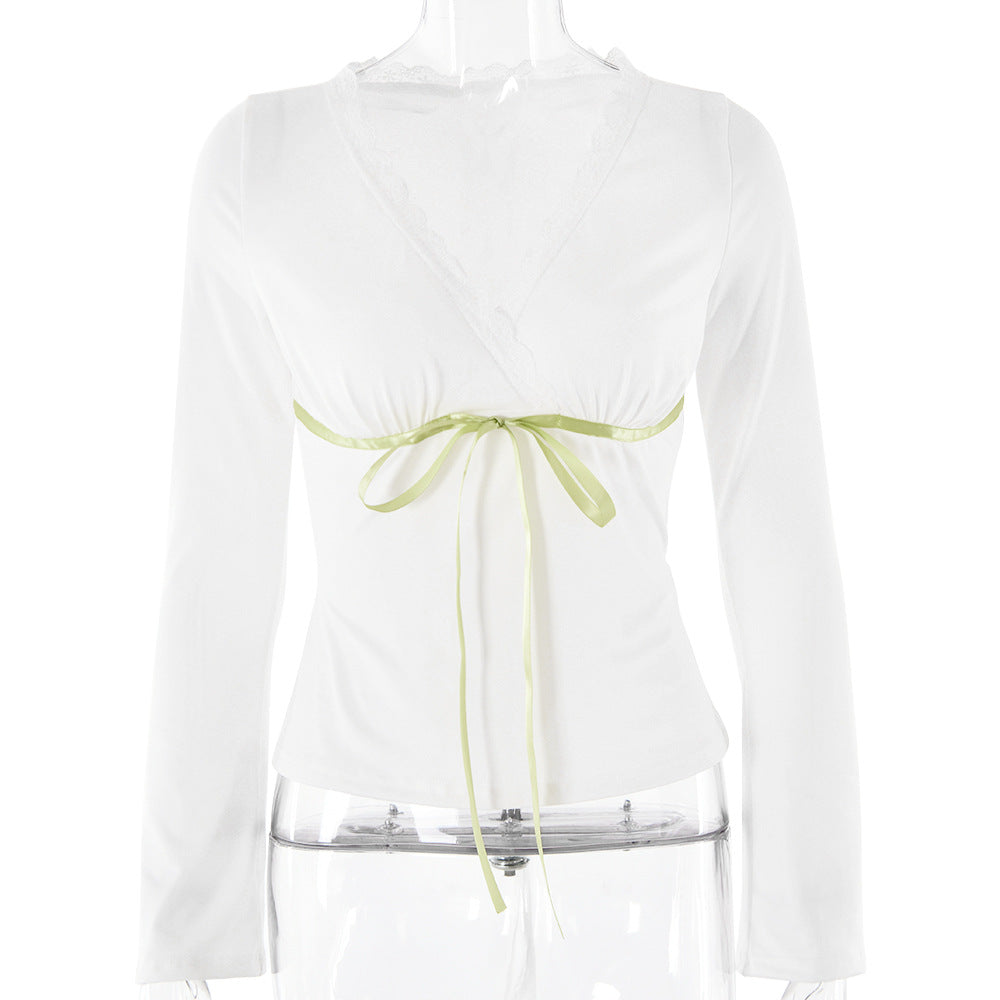 Women Tops V neck Lace Bow Long Sleeve Sexy Slim T shirt