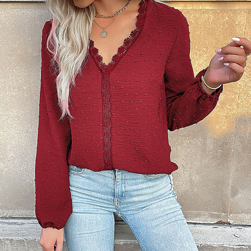 Autumn Women Clothing Long Sleeve Solid Color V neck Shirt for Women