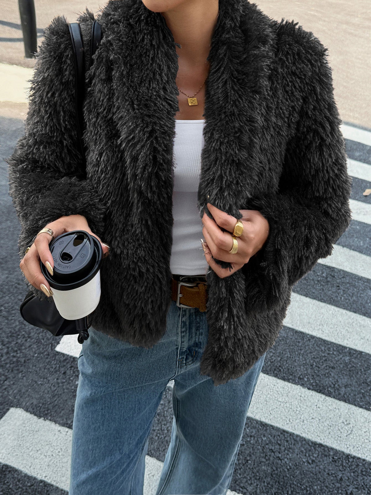 Women Clothing Autumn Winter Casual Fluff Long Sleeved Overcoat Coat