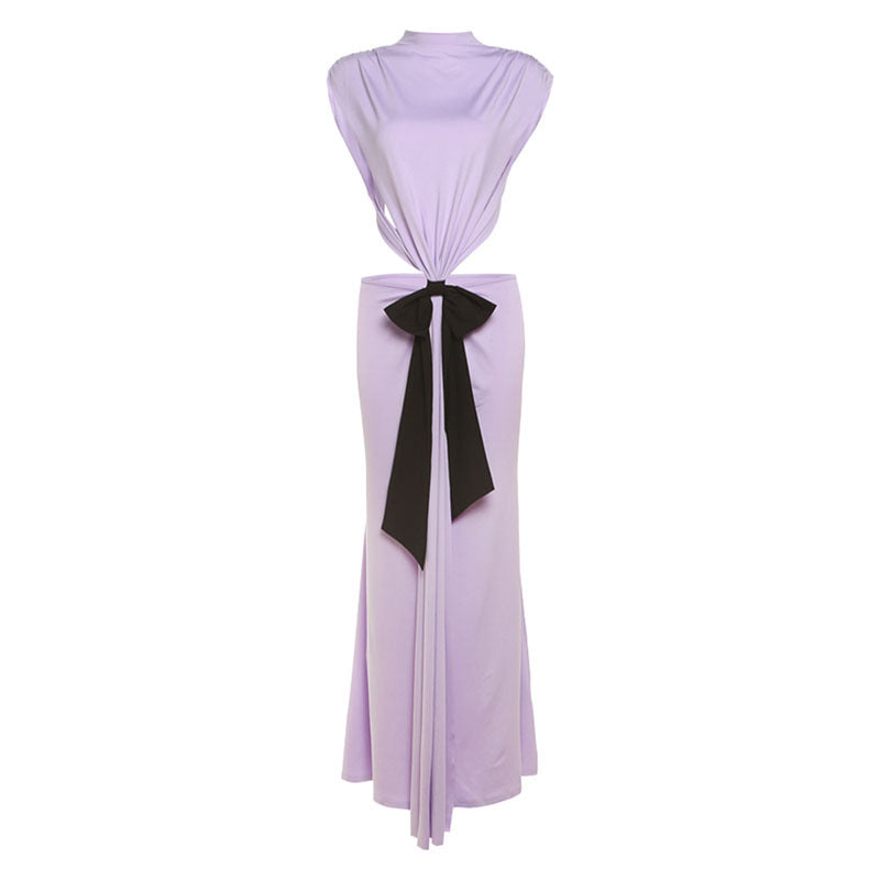 Summer Sexy Cropped Outfit Bow Contrast Color Backless Sleeveless Dress Maxi Dress