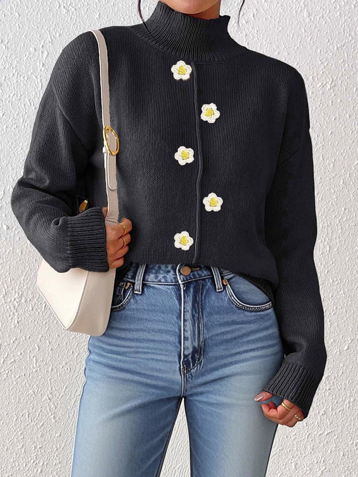Women Clothing Half Turtleneck Pullover Three Dimensional Crocheted Decorative Bottoming Shirt Sweater