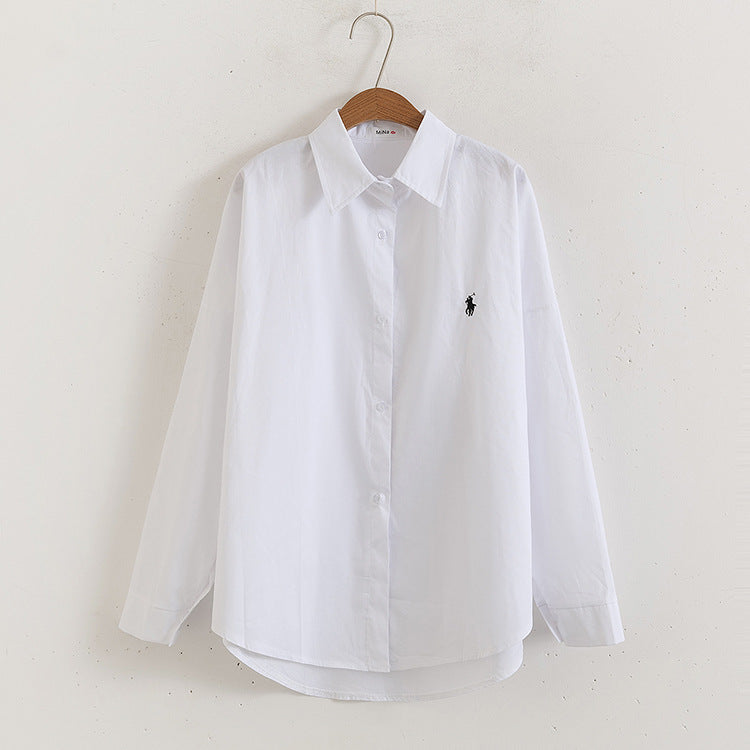 Pony Embroidered Blue Shirt Women Long Sleeve Loose Niche Shirt