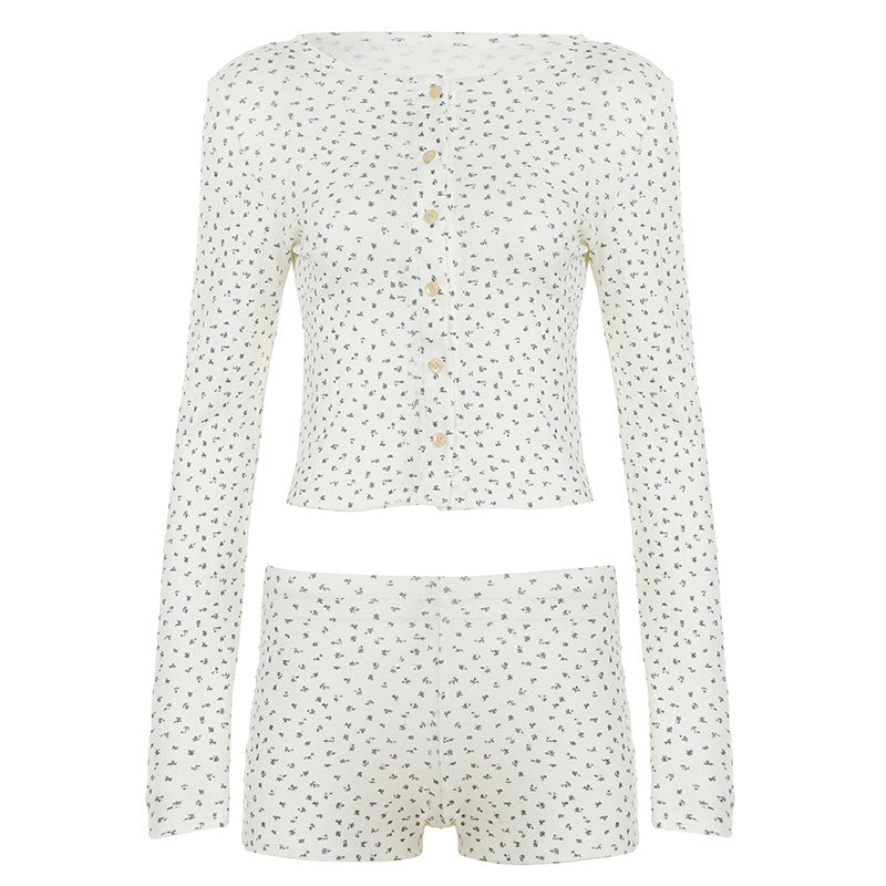 Simple Home Floral Breasted Long Sleeve Top Shorts Casual Laid Back Two Piece Sets
