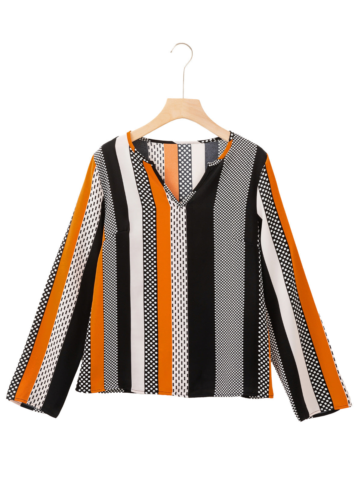 Women Clothing Top Spring Elegant Contrast Color Houndstooth Long Sleeve V neck Pullover