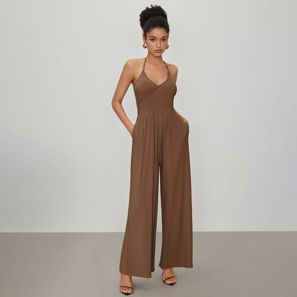 Drape Knit Lace up Halterneck Tight Waist Slim Sexy Sexy One Piece Trousers for Women