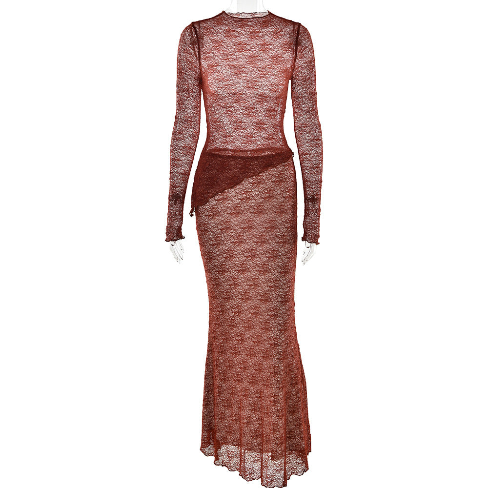 Summer Two Piece Sets Long Sleeve See through T shirt Slim Fit Sexy Skirt