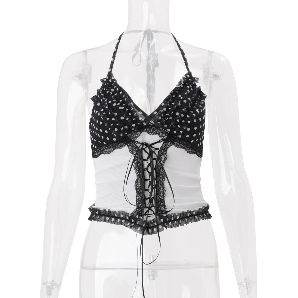 Women Clothing Summer Sexy Lace Slim Fit Patchwork Contrast Color Halter Backless Top