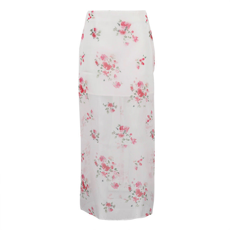 Arrival Digital Printing See through High Waist Slit Skirt Women Double Layer Office All Matching Hip Skirt