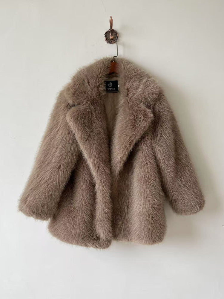 Fur Coat Women Autumn Winter Warm Collar Faux Fur Overcoat Mid-Length Fox Fur Jacket
