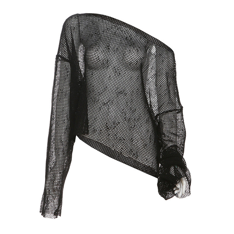 Autumn Winter Sexy See through Oblique Shoulder Loose Fitting Solid Color Long Sleeves Top Sexy Mesh Base Clothing