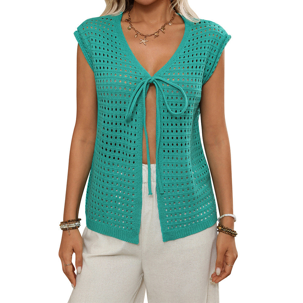 Women Clothing Hollow Out Cutout out Sweater Short Sleeved Knitted Cardigan Holiday Lace up Blouse