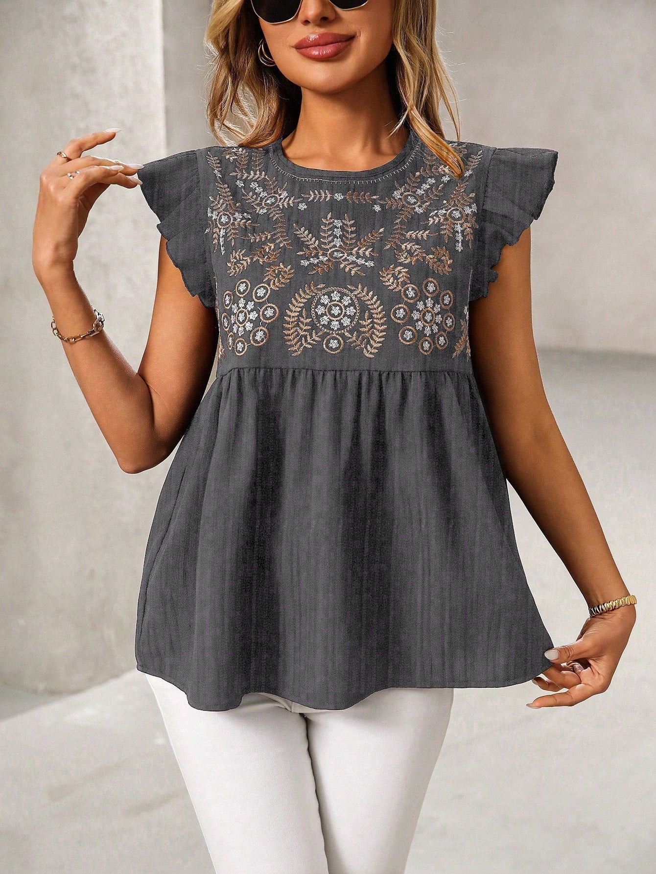 National Embroidered Shoulder Flying Sleeves Casual Short Shirt Women Top