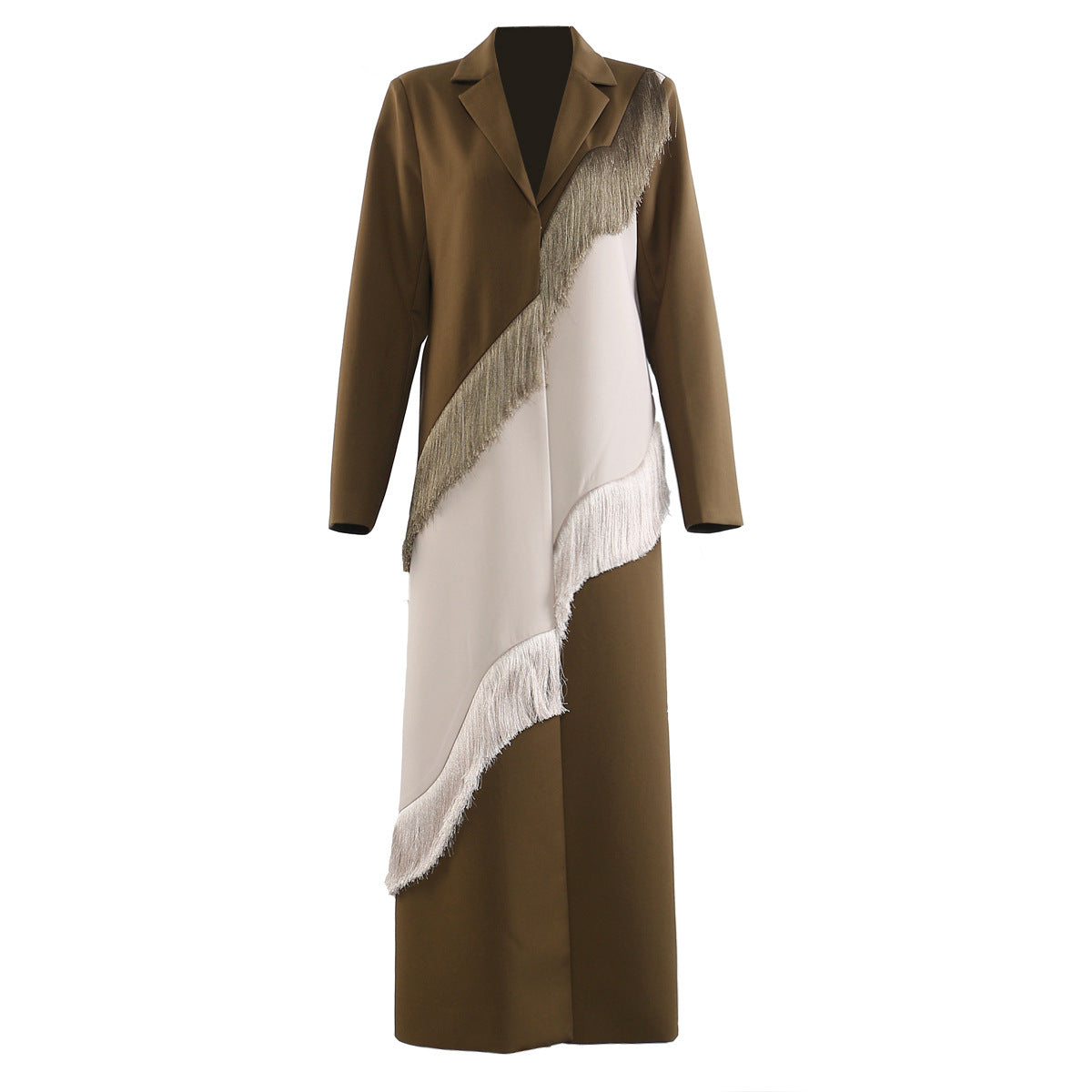 Early Autumn Heavy Industry Tassel Stitching Personality Cutting Long Overcoat Outerwear Women