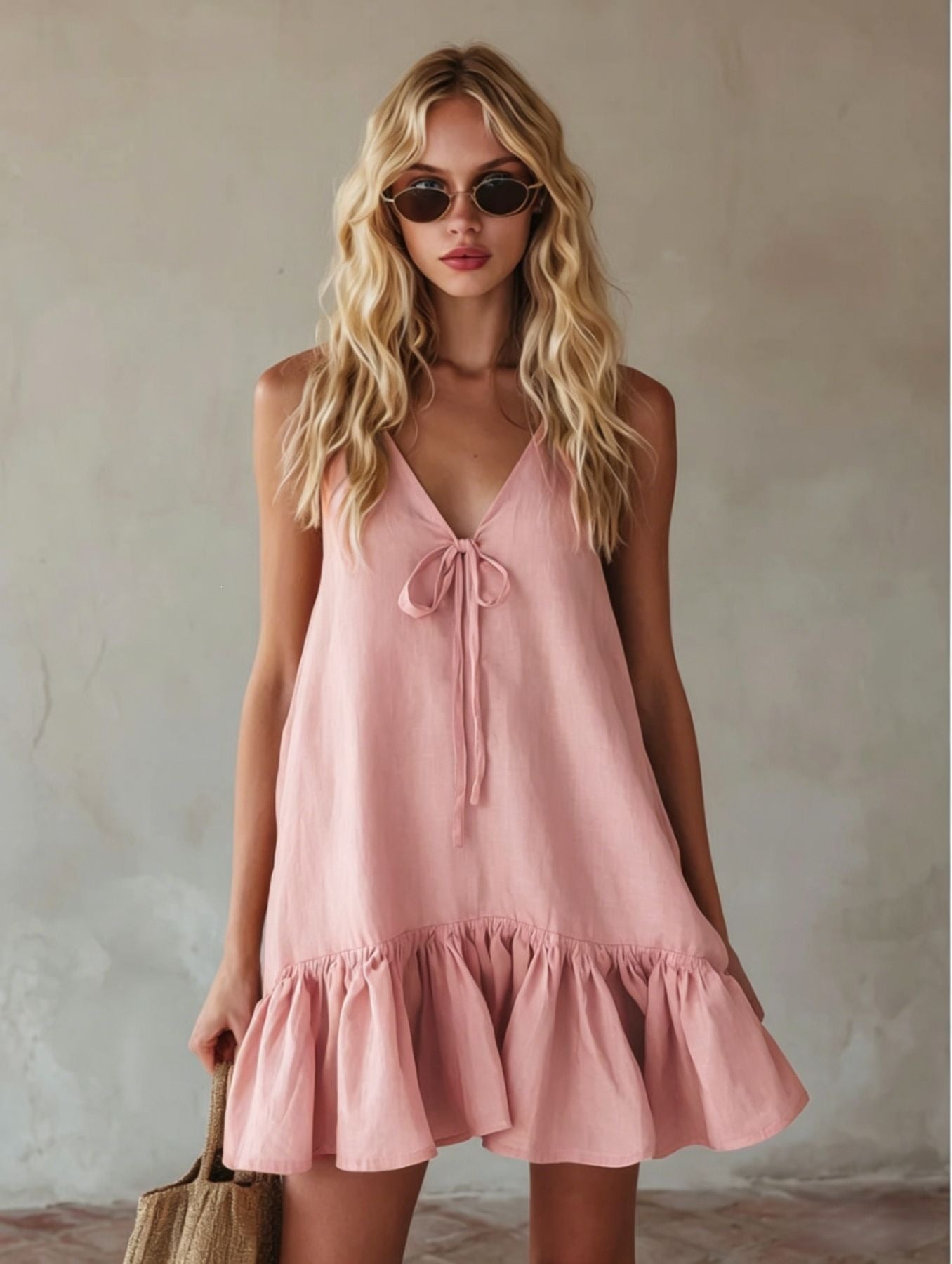 Summer Retro Vacation V neck Sleeveless Ruffled Loose Dress