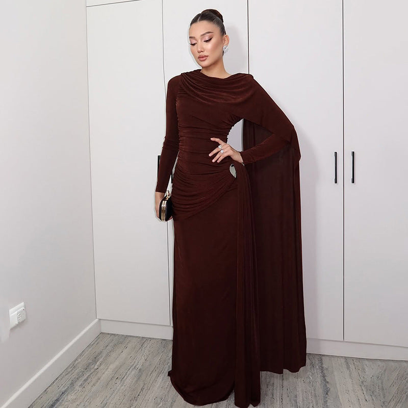 Autumn Winter Slim Fitted Waist Pleated Ribbon Solid Color Maxi Dress