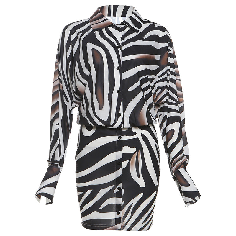 Autumn Sexy Slim Collared Deep V Plunge Button Printed Sheath Dress