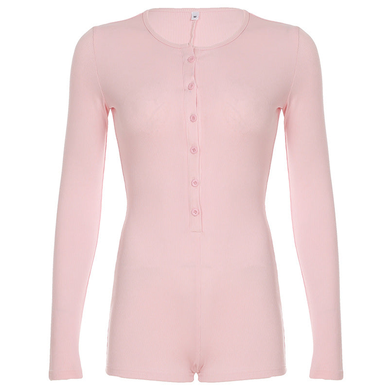 Solid Color Jumpsuit Autumn Slimming Breasted Bottoming Sexy Long Sleeve Romper