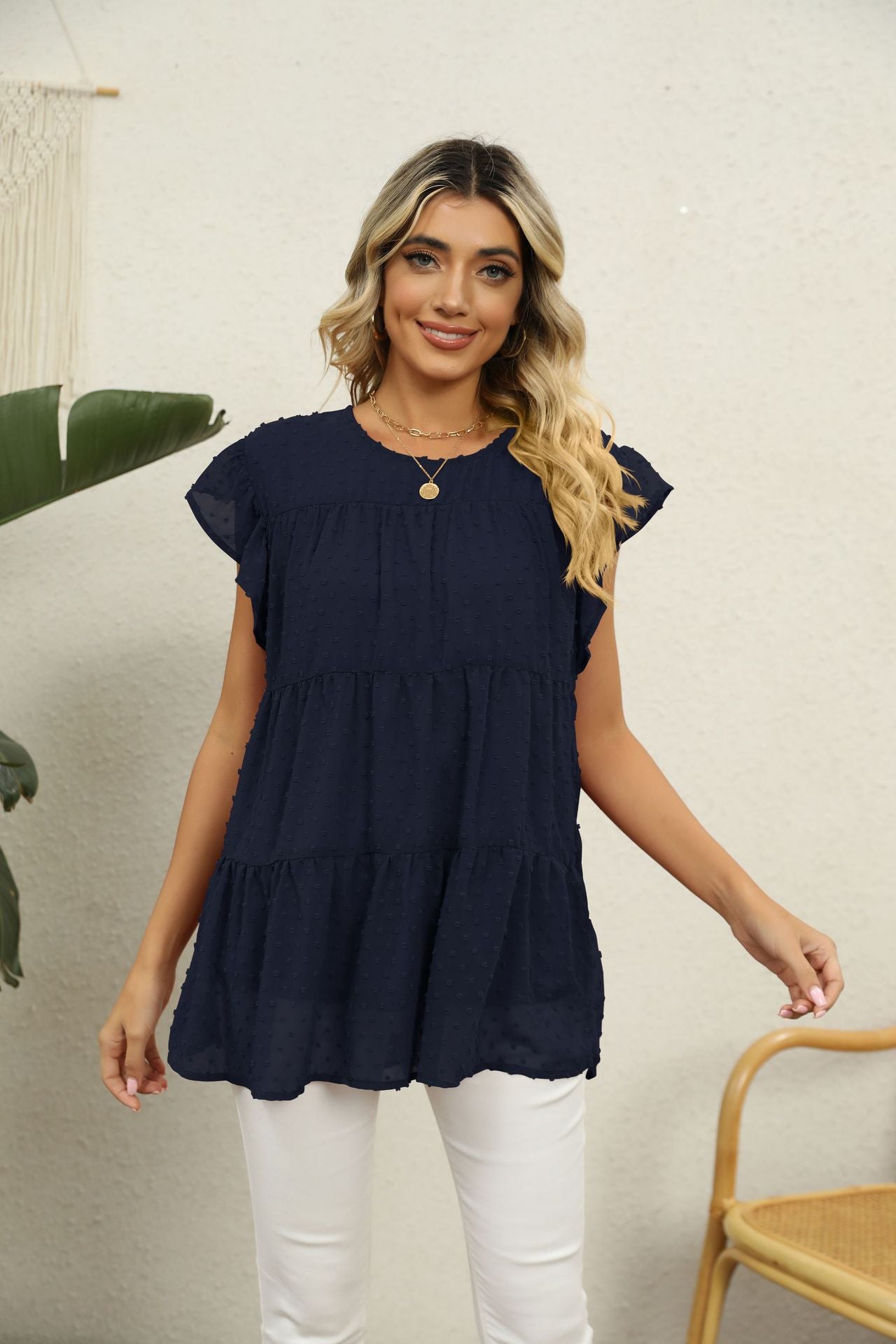 Jacquard Loose Fitting Casual Comfortable Stitching Short Sleeved Top