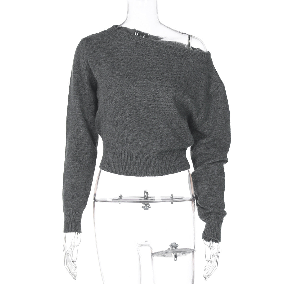 Women Clothing Summer Simple Elegant Slim Fit Sexy Cropped Diagonal Collar Long Sleeve Top
