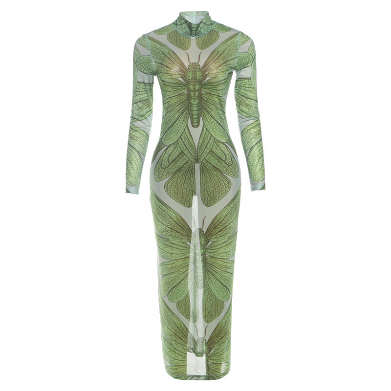 Summer Women High Collar Slim Sheath Long Printing Dress