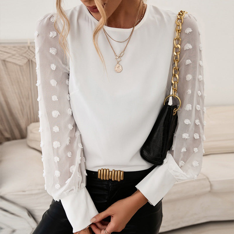 Neck Solid Color Jacquard Dot Long-Sleeved Shirt Casual Patchwork Shirt Top for Women textured