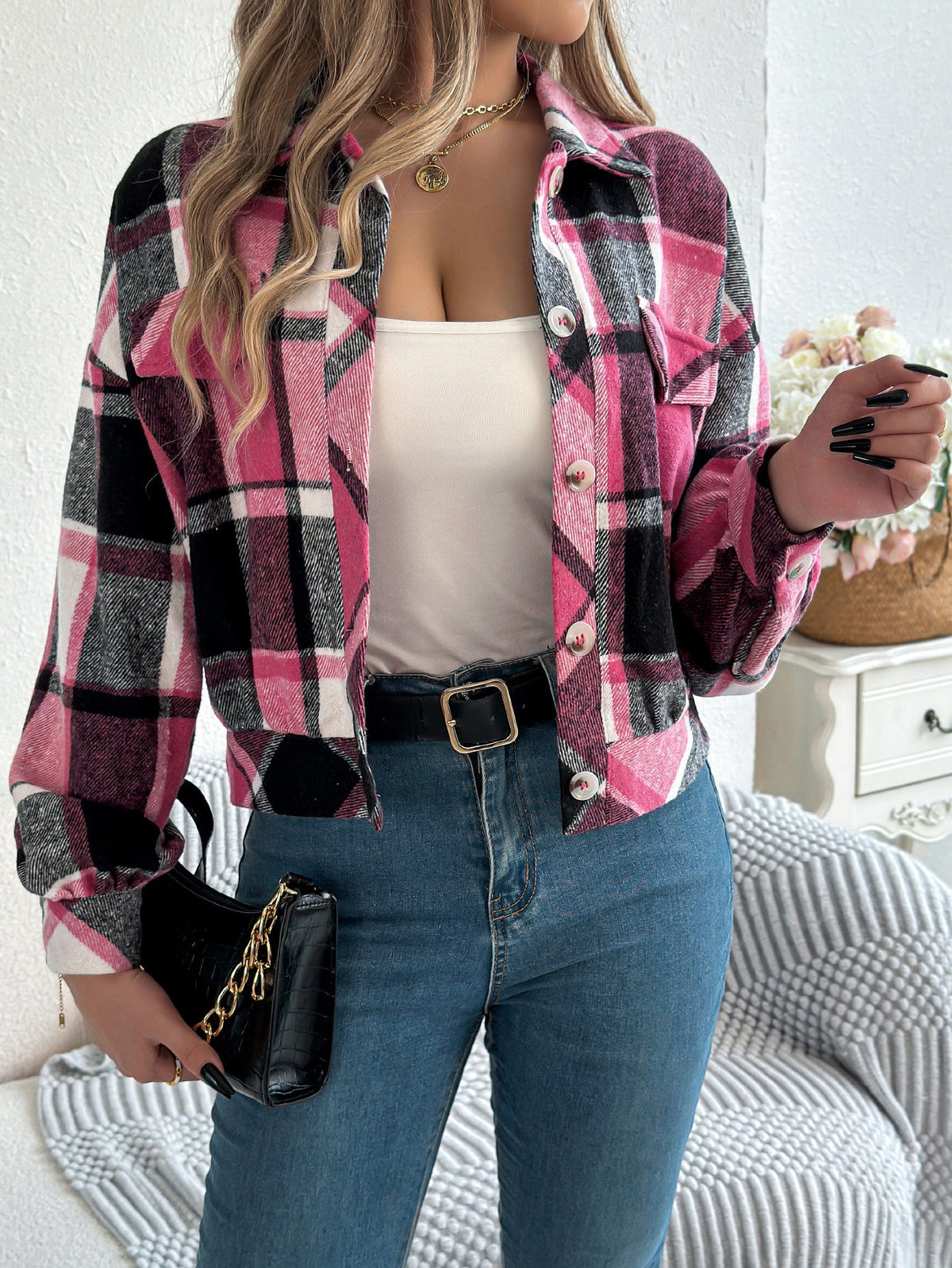 Real Shot Autumn Winter Casual Plaid Faux Pocket Long Sleeve Woolen Cloth Jacket Coat Women Clothing