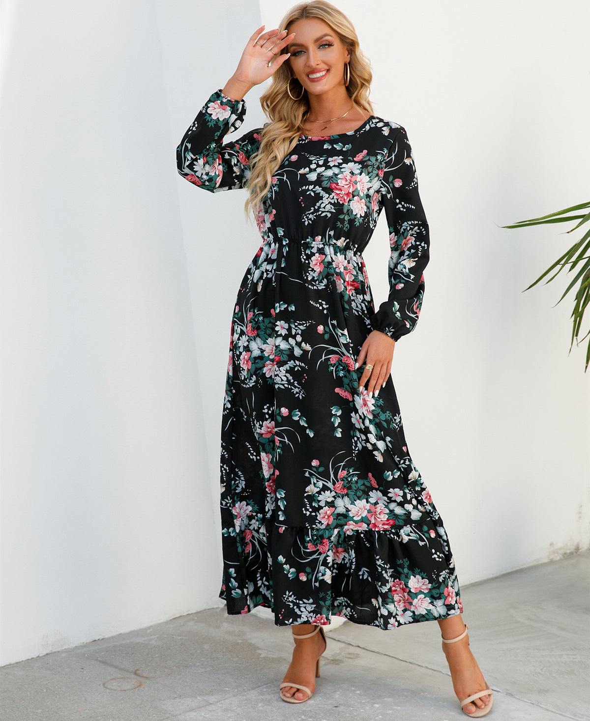 Spring and Autumn floral chiffon dress waist thin long sleeve round neck long printed skirt children