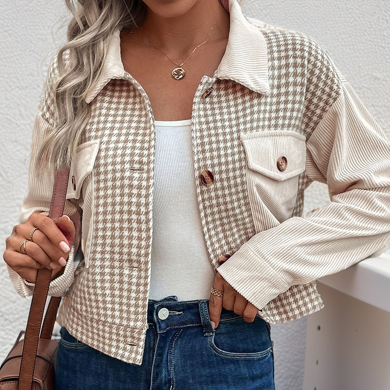 Coat Autumn Plaid Brushed Cardigan Short Corduroy Patchwork Top