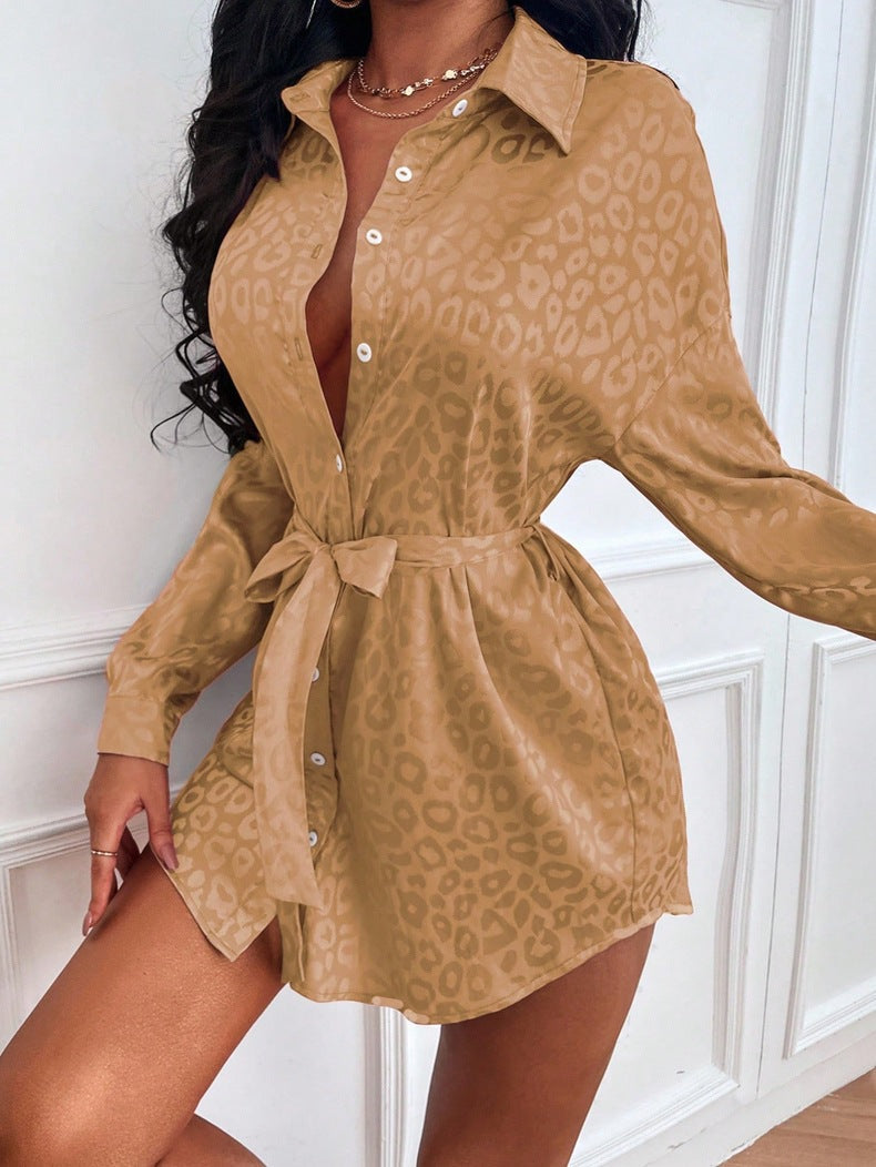 Women Clothing Autumn Satin Shirt Leopard Print Long Sleeve Lining